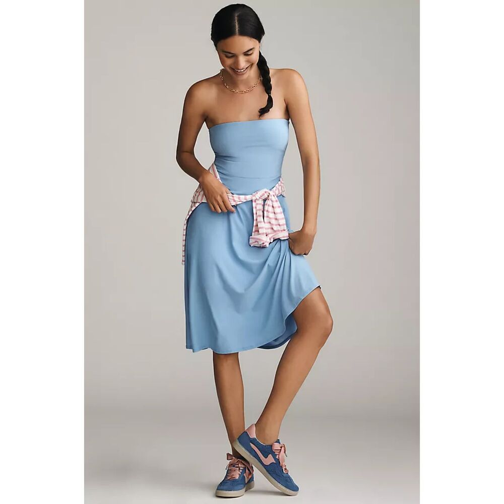 Beyond Yoga Featherweight Strapless Midi Dress Women's L Blue Comfort Bra NWT